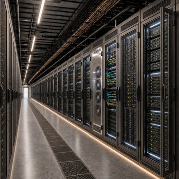A long row of server racks lines a dimly lit data center aisle, illustrating the physical compute infrastructure at the heart of the AI boom. The image visually reinforces the post's message about compute becoming a scarce digital asset, as each cabinet represents the underlying hardware that AI agents will increasingly demand to process their 5–50x higher token usage.