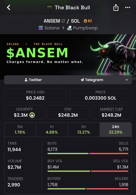 The image displays a crypto tracking app page for the "$ANSEM" token ("The Black Bull") on the Solana blockchain via PumpSwap, currently showing a price of $0.2482, a market cap of $248.2M, and a 24H gain of 32.29% with $2.7M in volume. This data supports the post's speculation about $ANSEM potentially reaching a $1 billion market cap in 2026, as the token would need to roughly quadruple its current valuation to hit that milestone.