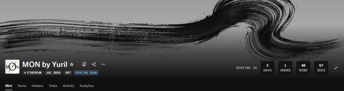 A dark, abstract brushstroke-style banner for the NFT collection "MON by Yurii" featuring a Mint countdown of 1 day, 0 hours, 49 minutes, and 57 seconds, with the post providing current supply and price data for the Ethereum-based collection.