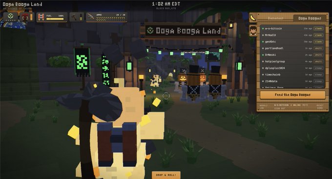 A screenshot of a voxel-style game called 'Doga Booga Land' showing a player character in front of a building entrance, with a leaderboard on the right side and fuel/level UI at the top.