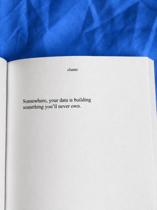 An open book on blue fabric displays the text 'cluster' and the line 'Somewhere, your data is building something you'll never own.'
