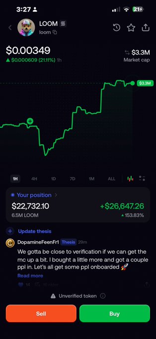 A cryptocurrency trading app screenshot showing a token 'LOOM' at $0.00349 with a 153.83% position gain, displaying a position value of $22,732.10 and a post mentioning 'DopamineFeenFr1'.