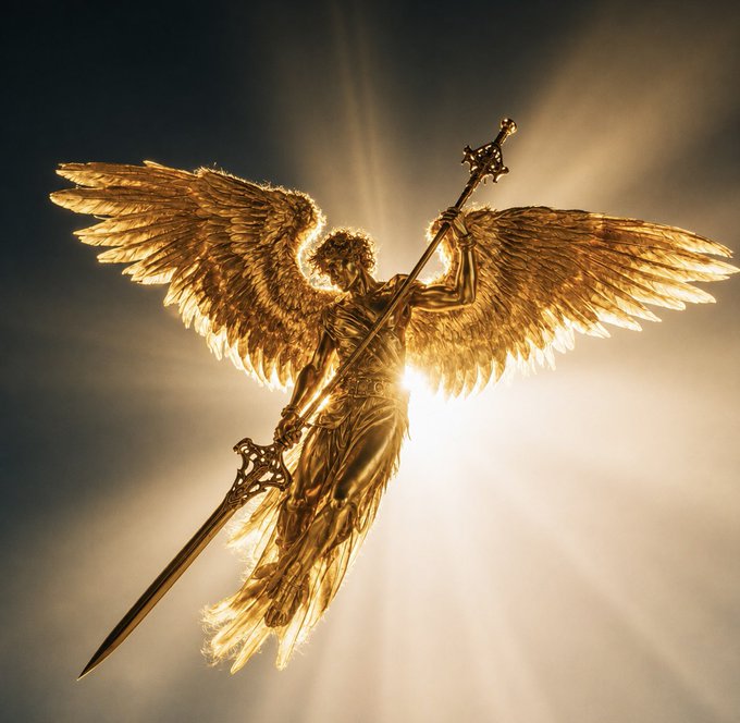 A golden angel statue with outstretched wings and a spear stands radiant against a glowing light, symbolizing divine intervention or protection. The image humorously portrays the poster as a warrior guardian intervening to "beat" anyone tempted to join bounties again.