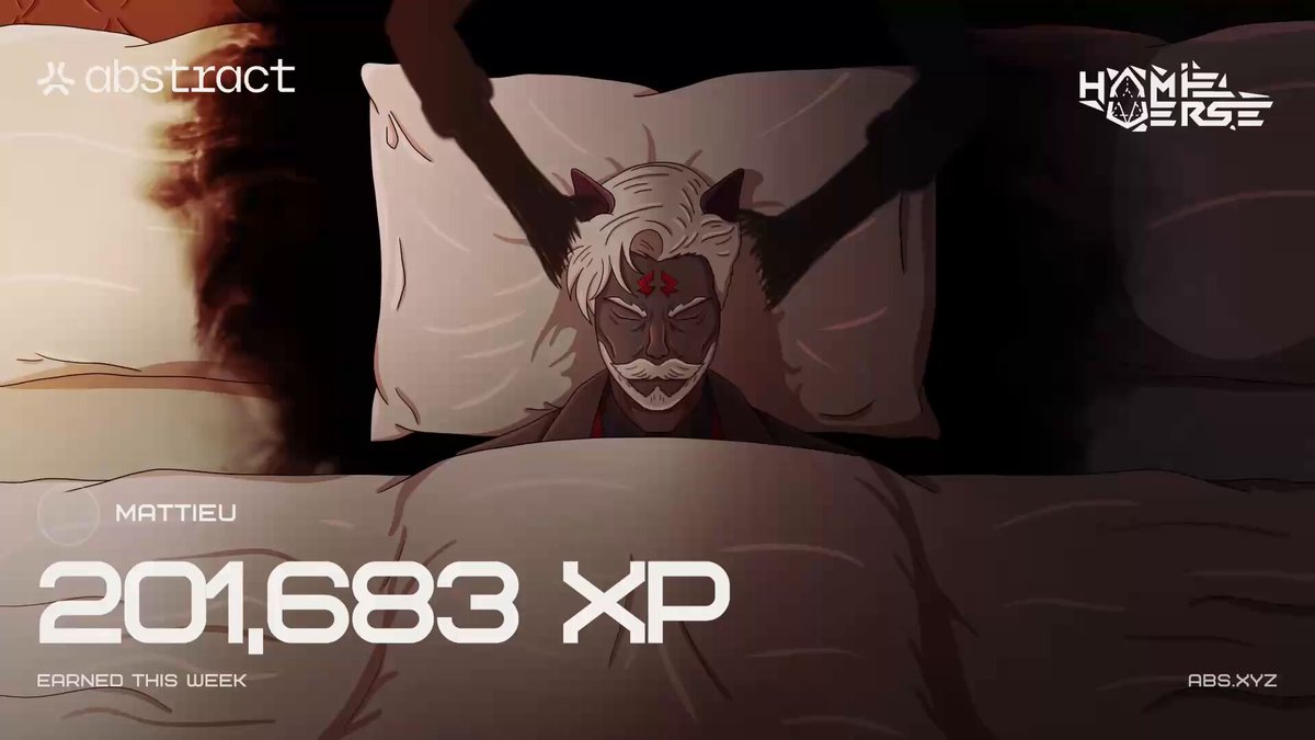 The image features an abstract poster with a cartoon character, specifically a man with white hair wearing a red shirt, lying down on a bed. The poster includes text that reads "Another week, another 201,683 XP with my @AbstractChain card. One of my favorite parts of this journey is seeing familiar names share their weekly progress and keep pushing forward together."