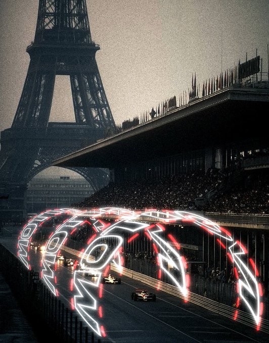 A vintage-style photograph of the Eiffel Tower with a Formula 1 race track in the foreground featuring illuminated 'MONACO GRAND PRIX' arches and a passing race car.