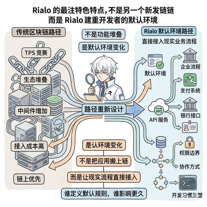 The image features a cartoon illustration of a man wearing a white shirt, looking at a magnifying glass while standing next to a computer screen with Chinese characters displayed. The scene appears to be set in an office environment or a tech-related setting. The post includes information about Rialo's work and the company's achievements, as well as some Chinese characters that may not be immediately clear from the image alone.