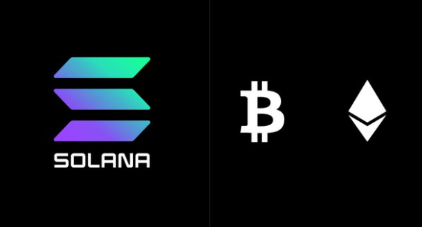 The image features a black background with two logos side by side, one for Solana and another for Bitcoin. The Solana logo has a purple and green color scheme, while the Bitcoin logo is white. Both logos are positioned at the top of the image, making them easily visible against the black backdrop. The text "WHALE WATCH: The institutional divergence in spot ETF flows is getting impossible to ignore." is written below each logo, providing context about the content of the image and its relation to the post.
