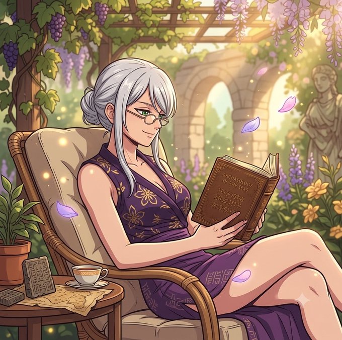 Anime-style illustration of a silver-haired woman in a purple dress reading an 'Archaeology of the Seas' book in a sunlit garden with purple wisteria flowers.