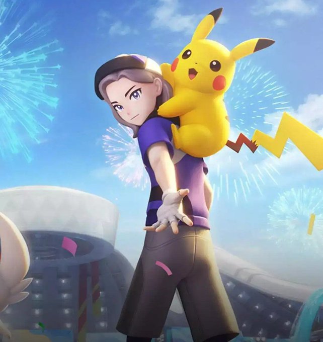 A 3D animated character in a purple shirt and cap stands with one arm extended as Pikachu rides on his back, set against a sky with fireworks and a stadium.