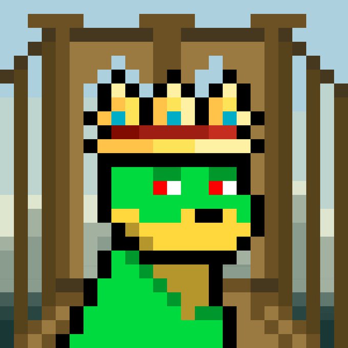 A pixel-art depiction of a green-skinned figure with glowing red eyes, wearing an ornate gold crown and yellow robes, seated on a wooden throne. The image visually reinforces the post's message about unchallenged royal authority—a ruler seated in power, where the legitimacy of the crown is implicitly accepted rather than questioned once the kingdom is thriving.