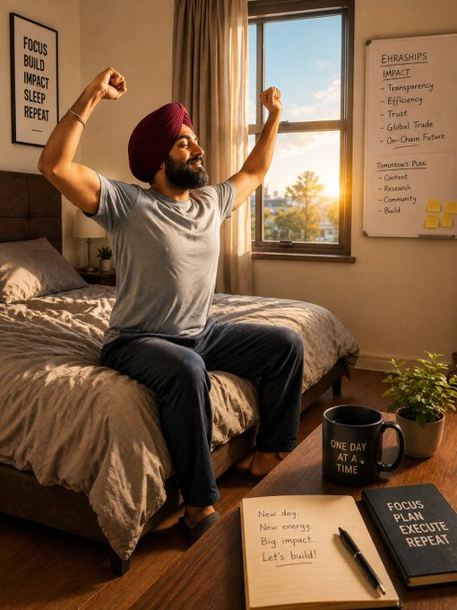 A man wearing a maroon turban and gray t-shirt sits on a bed stretching his arms in victory, in a room with motivational posters reading 'FOCUS BUILD IMPACT SLEEP REPEAT' and 'EHRASHIPS IMPACT', alongside a notebook with the text 'New day. New energy. Big impact. Let's build!' and a 'FOCUS PLAN EXECUTE REPEAT' journal.