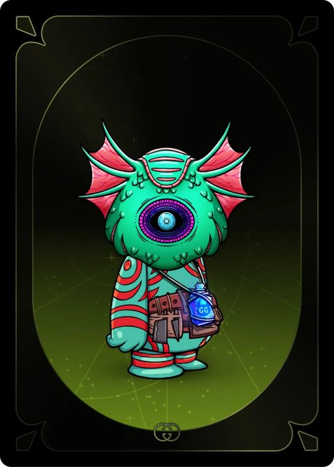 A tarot-style card illustration featuring a turquoise cyclops creature with pink dragon-like wings, wearing a striped outfit and holding a pouch labeled 'GG', set against a dark green oval background.