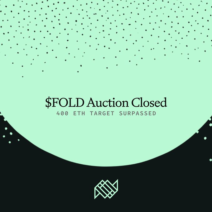The $FOLD auction has closed, surpassing the 400 ETH target, as indicated by the text on the image. This image visually represents the successful conclusion of the auction, aligning with the post's celebratory announcement.