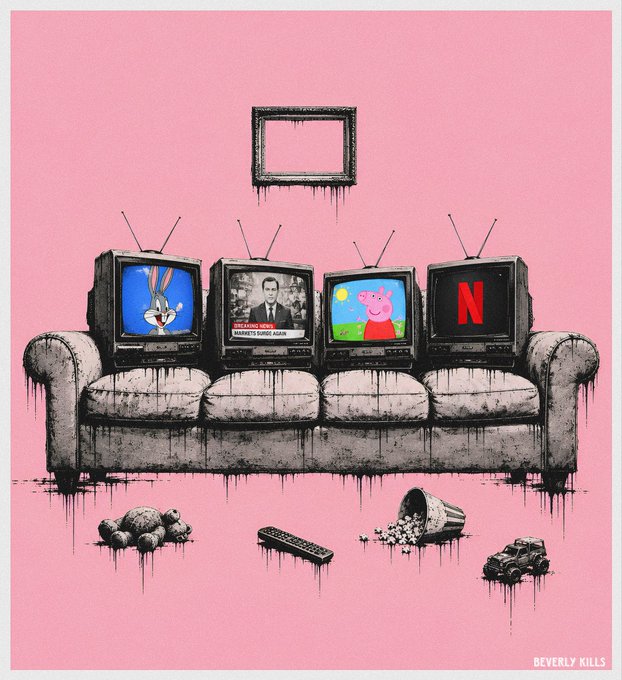 A melting gray couch displays four vintage TVs showing Bugs Bunny, a news segment featuring "MARKETS CRASH AGAIN," Peppa Pig, and the Netflix "N" logo, surrounded by a spilled popcorn bucket, remote, crumpled paper, and a toy car against a pink background, with "BEVERLY KILLS" signed in the corner. The artwork satirizes mindless streaming consumption, with the artist declaring that social media platform X is killing engagement while promoting an archive of 1/1 unreleased NFTs on @SuperRare.