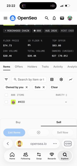 A mobile screenshot of the OpenSea app showing the "ROBINHOOD CHAIN 888" NFT collection page with a floor price of $74.73, 0% 1D floor change, and details including 888 items owned by user #400.