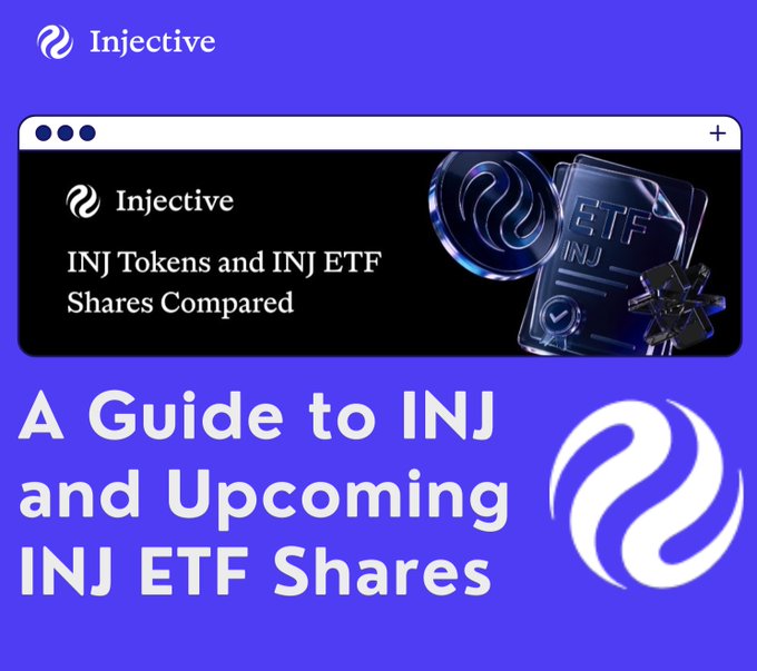 The image promotes Injective's guide comparing INJ tokens to INJ ETF shares, featuring the Injective logo alongside a futuristic ETF token graphic on a purple background. The accompanying post reinforces this by highlighting the practical differences between directly holding $INJ versus owning shares of the Canary Staked Injective ETF ($INJC), which provides exposure to the same underlying asset through a different vehicle.