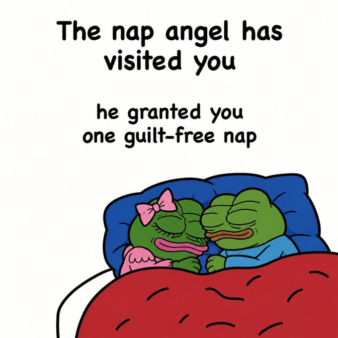 A meme illustration shows two green frog-like characters sleeping in bed under a red blanket with the text 'The nap angel has visited you' and 'he granted you one guilt-free nap'.