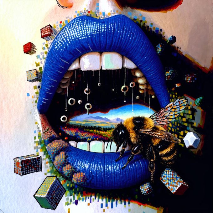 A surreal, vibrant artwork featuring large blue lips open to reveal a landscape scene inside, with a detailed bee perched on the lower lip and floating Rubik's cubes surrounding the image.