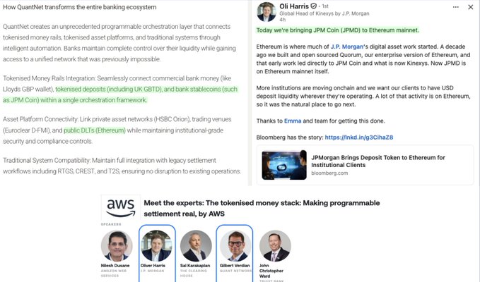 An informational graphic about QuantNet's banking ecosystem transformation alongside a LinkedIn post by Oli Harris of Kineys by J.P. Morgan announcing the launch of JPM Coin (JPMD) on the Ethereum mainnet, with a Bloomberg article linked.
