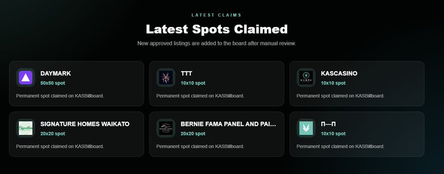 A dark-themed 'LATEST CLAIMS' dashboard titled 'Latest Spots Claimed' displays six business listings (DAYMARK, TTT, KASCASINO, SIGNATURE HOMES WAIKATO, BERNIE FAMA PANEL AND PAI..., M-JN) noting permanent spots claimed on KASBillboard in sizes like 50x50, 10x10, and 20x20.