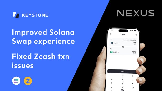 Promotional graphic for the Keystone Nexus app update, featuring a split blue and black design with text highlighting "Improved Solana Swap experience" and "Fixed Zcash txn issues," alongside an image of a hand holding a smartphone displaying a swap interface between SOL and USDT with a 90.35 quote. The visual supports the post's announcement of fixed $ZEC transactions and smoother $SOL swaps in the updated Nexus wallet.