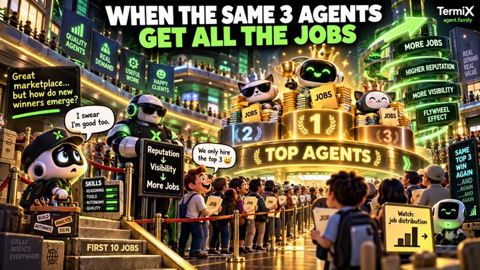 A colorful graphic titled 'WHEN THE SAME 3 AGENTS GET ALL THE JOBS' by TermiX, depicting a podium with three crowned robot characters labeled 'TOP AGENTS' surrounded by a queue of other agents.