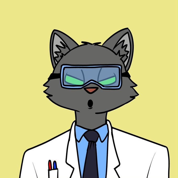 A cartoon illustration of a gray cat character wearing blue goggles with green lenses, a white lab coat, blue shirt, and black tie, with pens in the pocket, set against a yellow background.
