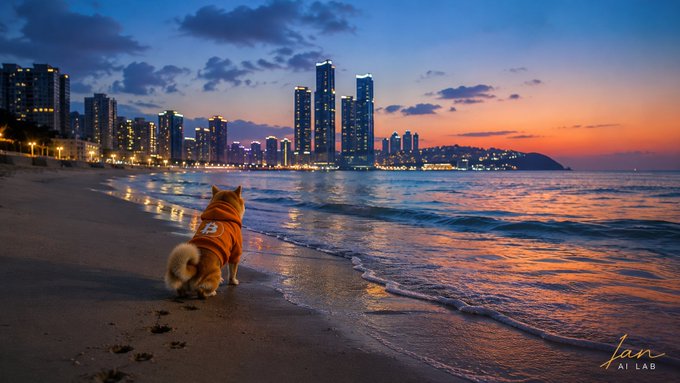A Shiba Inu dog wearing an orange hoodie sits on a beach at sunset, looking out toward a coastal city skyline with illuminated high-rise buildings.