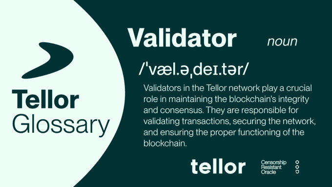 A dark green and white "Tellor Glossary" entry defines the term "Validator" (pronounced /ˈvæl.əˌdeɪ.tər/) as a noun, explaining that validators in the Tellor network maintain blockchain integrity by validating transactions, securing the network, and ensuring proper blockchain functioning, with the Tellor logo displayed alongside "Censorship Resistant Oracle" branding.