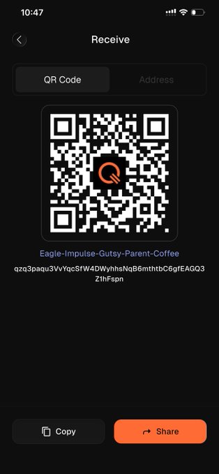 A cryptocurrency wallet 'Receive' screen displaying a QR code for an address named 'Eagle-Impulse-Gutsy-Parent-Coffee' with Copy and Share buttons below.