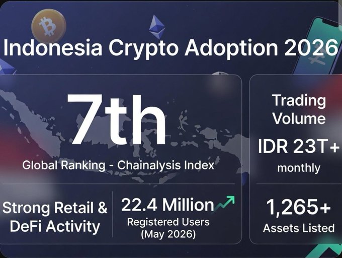 An infographic titled "Indonesia Crypto Adoption 2026" highlighting Indonesia's 7th global ranking on the Chainalysis Index, 22.4 million registered users (as of May 2026), IDR 23T+ monthly trading volume, 1,265+ assets listed, and strong retail & DeFi activity, visually reinforcing the post's claim of Indonesia's growing prominence as a global crypto powerhouse.
