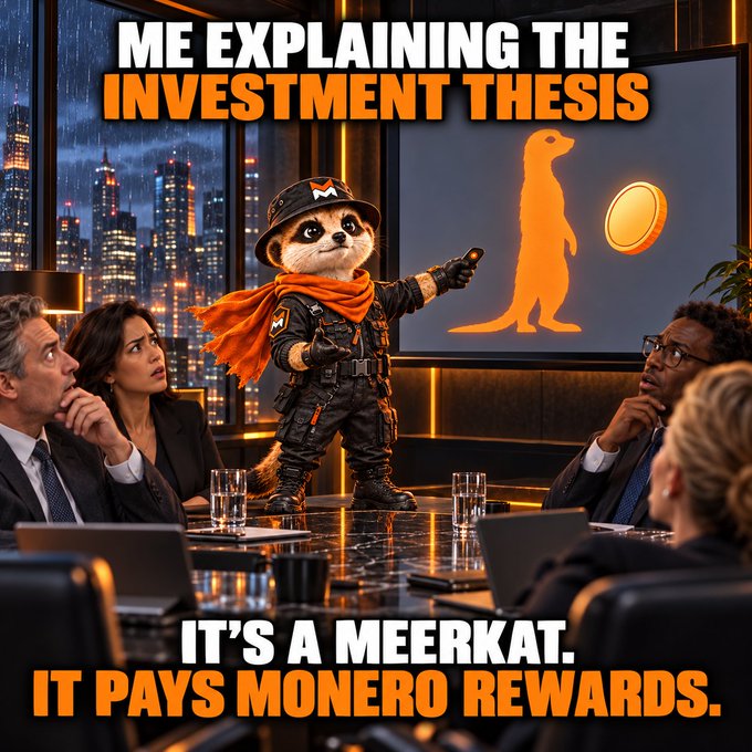 A meme showing a meerkat dressed as a soldier giving a presentation, with text reading "ME EXPLAINING THE INVESTMENT THESIS" and "IT'S A MEERKAT. IT PAYS MONERO REWARDS."