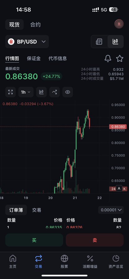 A mobile trading app screenshot showing the BP/USD spot market with a current price of 0.86380, up 24.77%, displaying a candlestick chart and order book with buy/sell buttons.