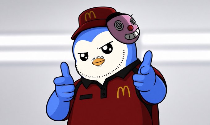 An animated illustration of a blue penguin mascot wearing a McDonald's uniform and visor, alongside a creepy purple jester mask, giving two thumbs up.