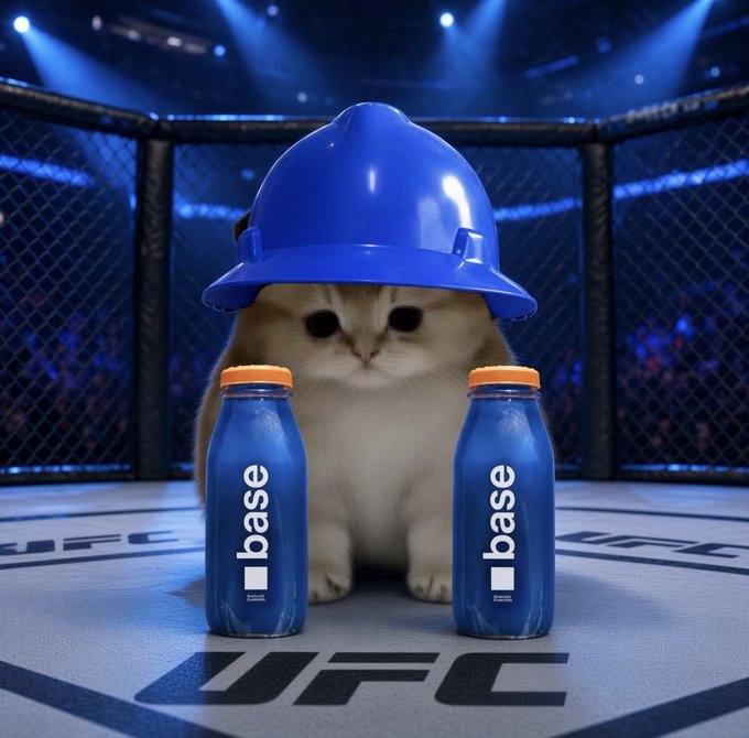 A fluffy white cat wearing an oversized blue hard hat sits inside a UFC octagon between two blue bottles labeled "base." The image ties into the $basecat reference, with the blue hard hat and bottles serving as a visual pun for the BASE token/cat mascot about to take on $cashcat in a "fight" showdown.
