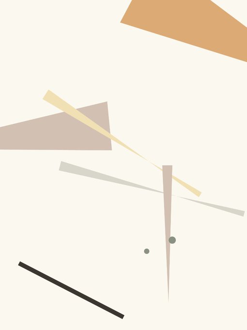 A minimalist abstract artwork features intersecting geometric shapes in muted earth tones of tan, beige, and gray on a light cream background.