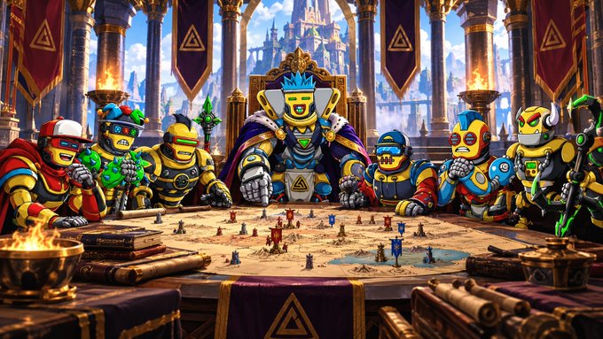 A colorful digital illustration of warrior characters in golden armor gathered around a large battle map in a grand castle hall, with a king figure on a throne in the background.