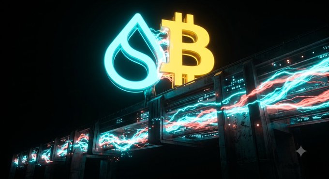 Neon-lit SUI and Bitcoin symbols glow above a row of digital screens displaying red and blue energy streams against a dark background.