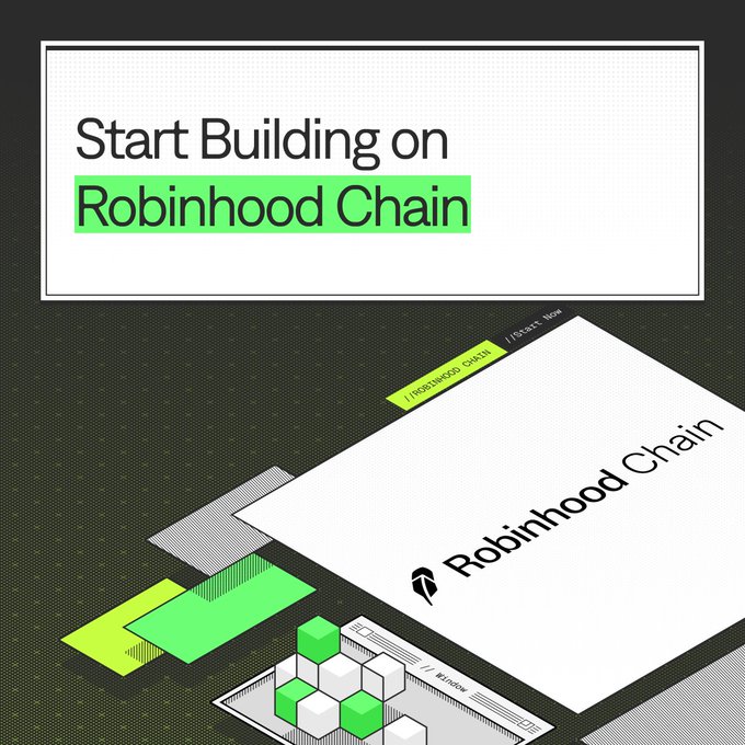 A promotional graphic with the text 'Start Building on Robinhood Chain' and an illustration of the Robinhood Chain interface with green and white geometric elements.