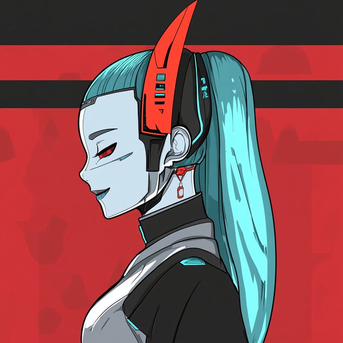 An anime-style illustration of a cyborg character with cyan hair in a ponytail, wearing a futuristic headpiece with a red blade, set against a red and black background.
