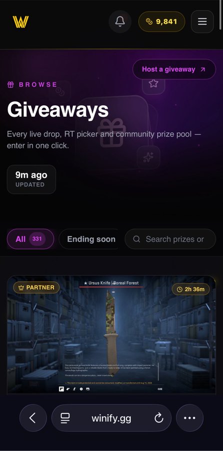 Screenshot of the Winify giveaways page (winify.gg) showing a "Boreal Forest" Ursus Knife partner giveaway with 2h 36m remaining, alongside the announcement of the verified winners @0x_peace1, @lovdelle, and @ozways23.