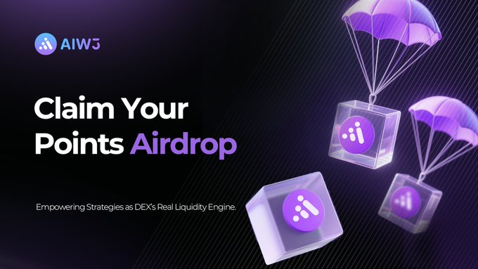 Promotional graphic for AIW3's Points Airdrop featuring the text "Claim Your Points Airdrop - Empowering Strategies as DEX's Real Liquidity Engine" alongside illustrations of parachutes delivering purple AIW3-branded cubes, which matches the post's message about the airdrop being delivered directly to users' addresses.