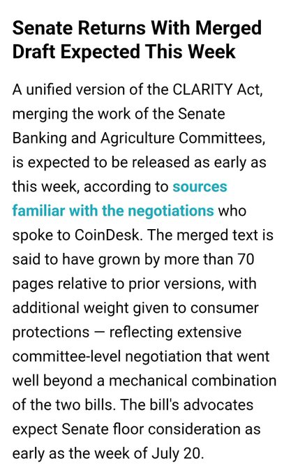 A news article titled "Senate Returns With Merged Draft Expected This Week" announces that a unified version of the CLARITY Act merging the Senate Banking and Agriculture Committees' work will be released imminently, with the text reportedly expanded by over 70 pages and additional consumer protections, setting up a possible Senate floor vote the week of July 20—directly confirming the post's report about the joint text release and upcoming vote.