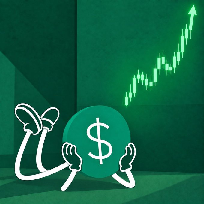 A cartoon green dollar coin character with arms and legs lying on the floor, with a green candlestick chart showing an upward arrow in the background.