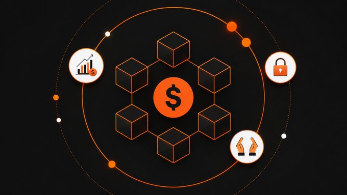 An orange and black graphic showing interconnected cubes around a central dollar sign, accompanied by icons representing growth, security, and support.
