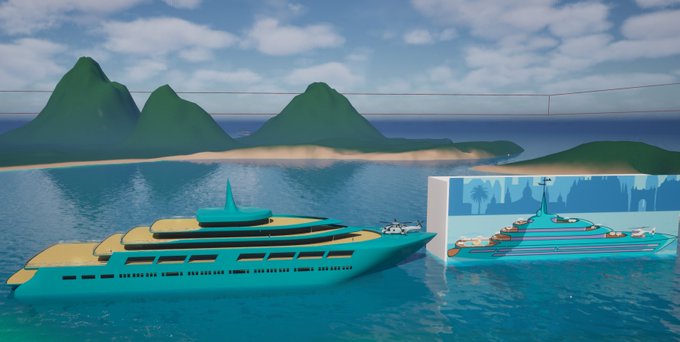 A 3D rendering of a teal and yellow yacht floating on blue ocean water with green islands in the background.