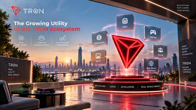 A promotional graphic for 'TRON' titled 'The Growing Utility of the TRON Ecosystem' showing categories like DeFi, Stablecoins, NFTs, Games, and Social arranged around a glowing red TRON logo with a cityscape background.