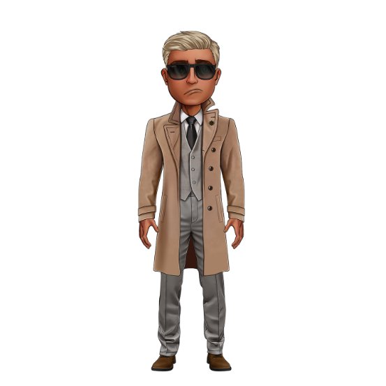 A 3D-rendered character avatar of a blonde man wearing dark sunglasses, a beige trench coat, gray vest, tie, and gray pants, standing against a white background.