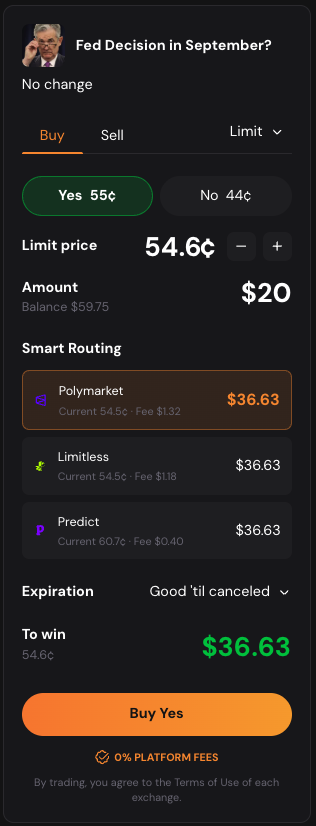 A mobile app screenshot showing a prediction market for "Fed Decision in September? No change" with options to Buy 'Yes' at 55¢ or 'No' at 44¢, displaying smart routing across Polymarket, Limitless, and Predict exchanges.