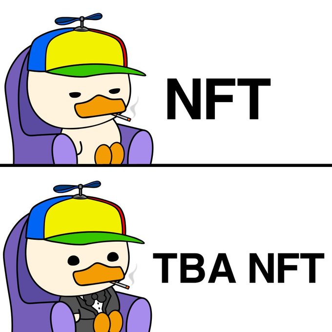 A two-panel meme featuring a propeller-hat-wearing duck smoking a cigarette compares "NFT" (top panel, plain) to "TBA NFT" (bottom panel, dressed in a tuxedo), humorously suggesting that "to be announced" gaming NFT projects are fancier or more prestigious than regular NFTs—aligning with the post's claim that gaming NFTs are making a comeback.